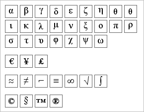 Rendered symbol characters corresponding to